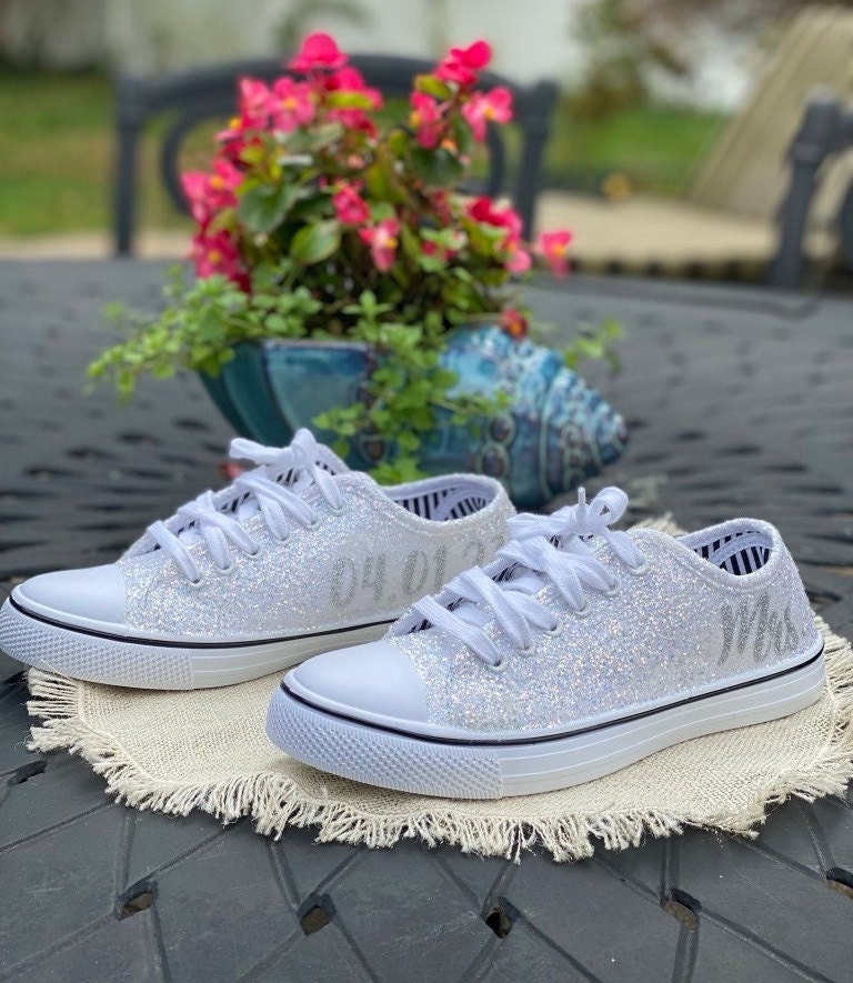 Personalized White Glitter Sneakers with Silver Mrs