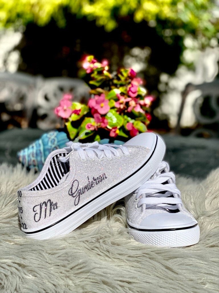 White Glitter Wedding Sneakers with Pewter Grey Personalization