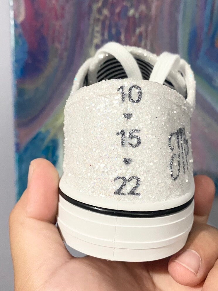 White Glitter Wedding Sneakers with Pewter Grey Personalization