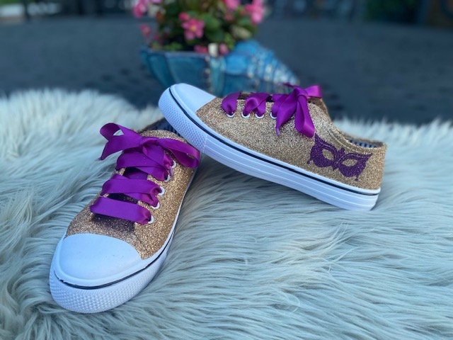 Mardi Gras Gold Masquerade Glitter Sneakers with Purple Ribbon Laces