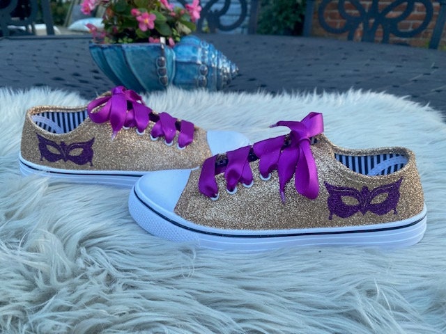 Mardi Gras Gold Masquerade Glitter Sneakers with Purple Ribbon Laces