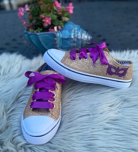 Mardi Gras Gold Masquerade Glitter Sneakers with Purple Ribbon Laces