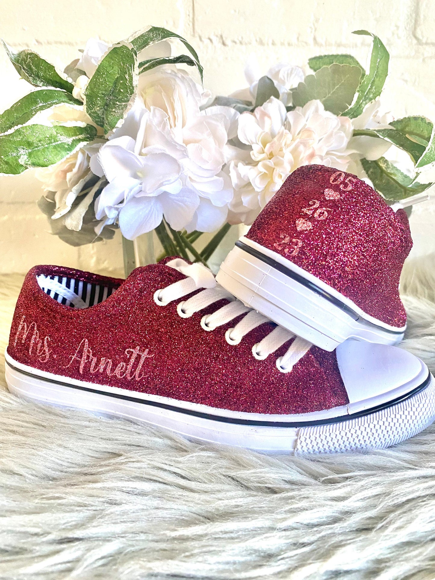 Burgundy Maroon Glitter Sneakers with Rose Gold Personalization