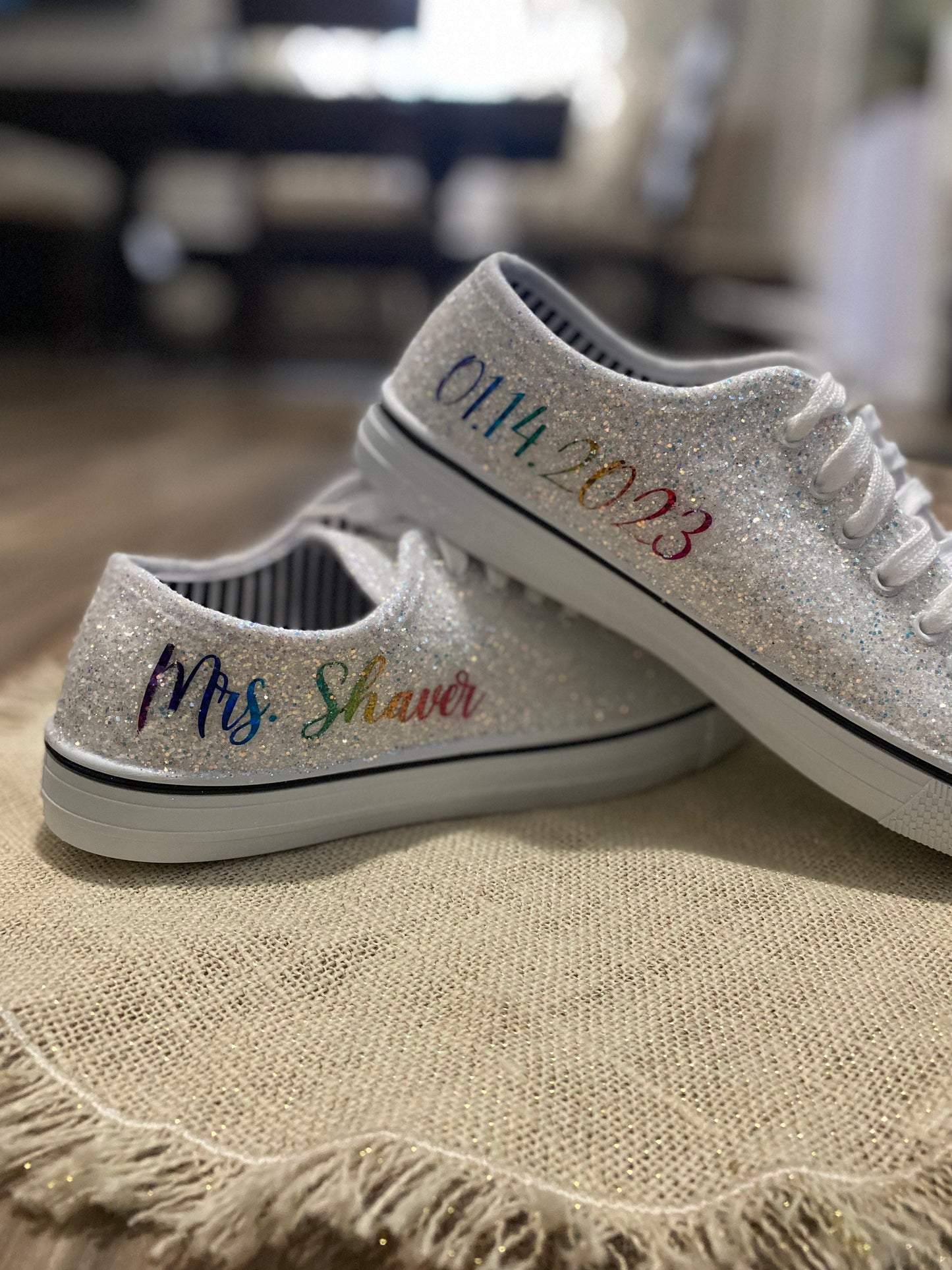 Personalized Rainbow & White Glitter Bride Sneakers