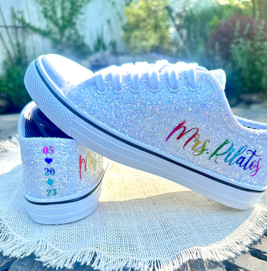 Personalized Rainbow & White Glitter Bride Sneakers