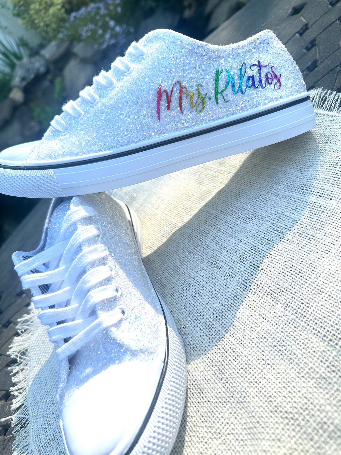 Personalized Rainbow & White Glitter Bride Sneakers