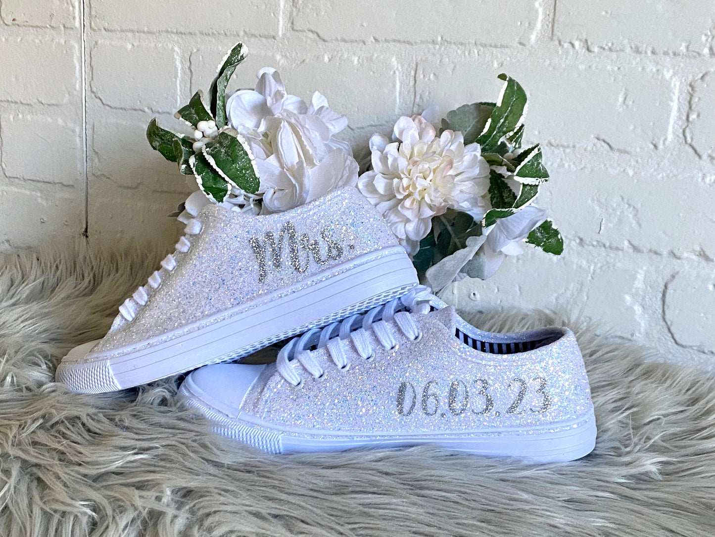 Personalized White Glitter Sneakers with Silver Mrs