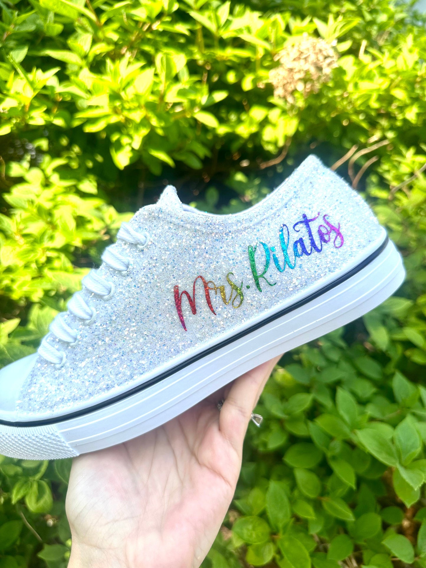 Personalized Rainbow & White Glitter Bride Sneakers