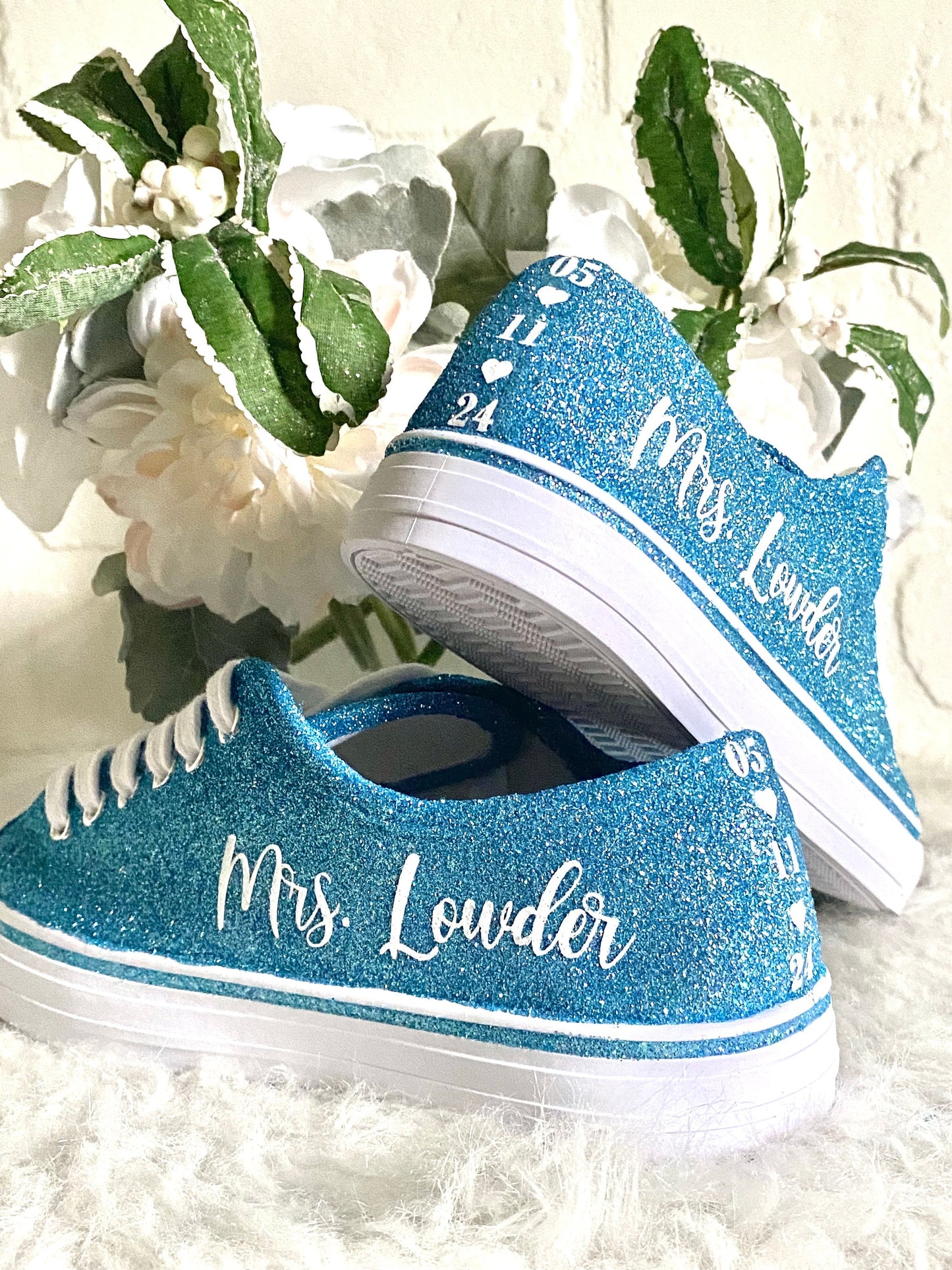 Personalized Light Blue Glitter Sneakers for Bride