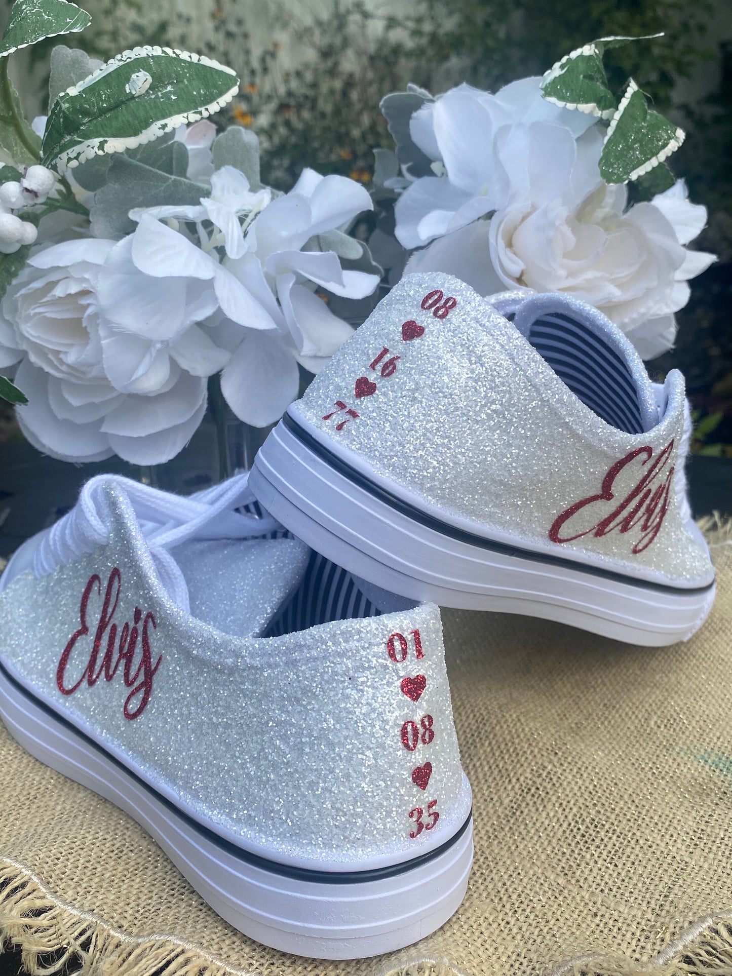 Personalized White Glitter Bride Sneakers with Red Writing