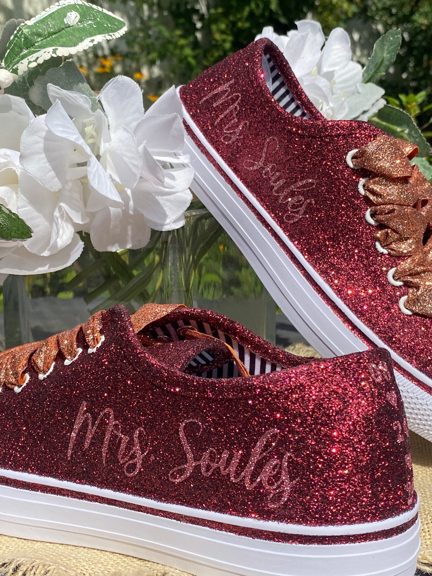 Burgundy Maroon Glitter Sneakers with Rose Gold Personalization