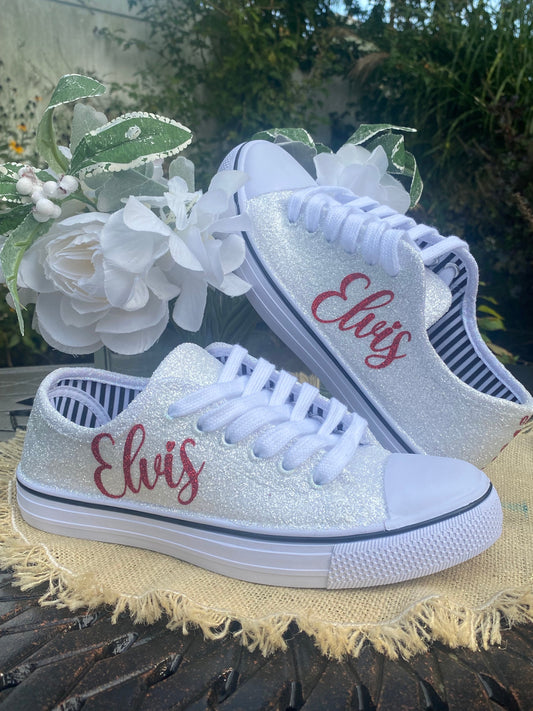 Personalized White Glitter Bride Sneakers with Red Writing