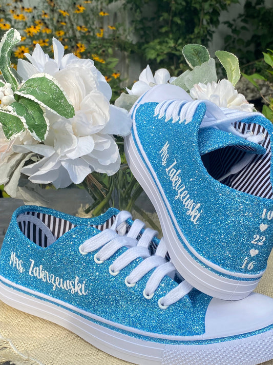 Personalized Light Blue Glitter Sneakers for Bride