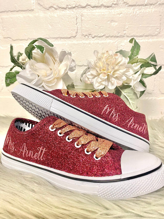 Burgundy Maroon Glitter Sneakers with Rose Gold Personalization