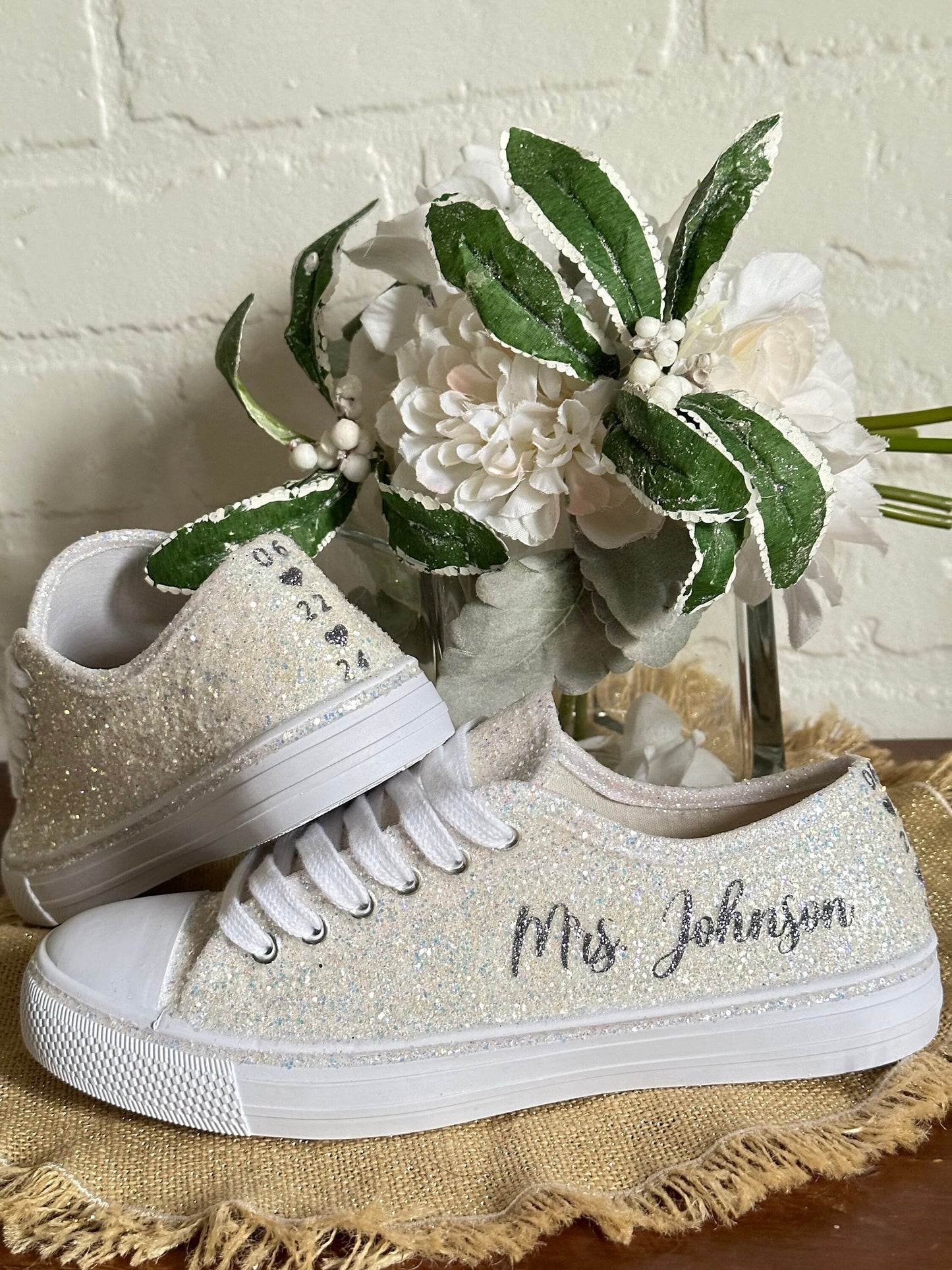 White Glitter Wedding Sneakers with Pewter Grey Personalization