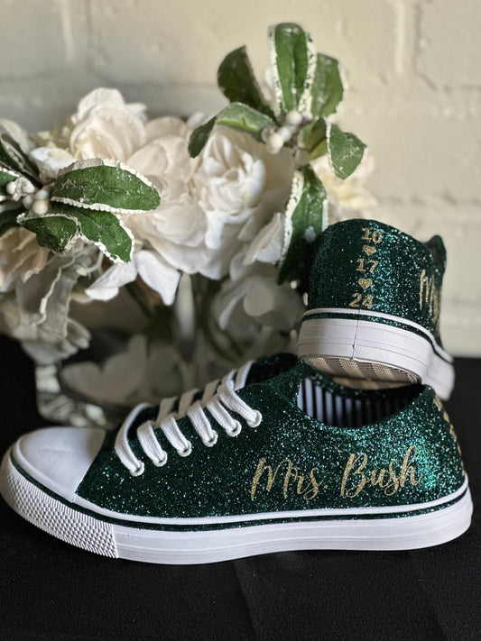 Hunter Green Glitter Wedding Sneakers with Gold Glitter Personalization