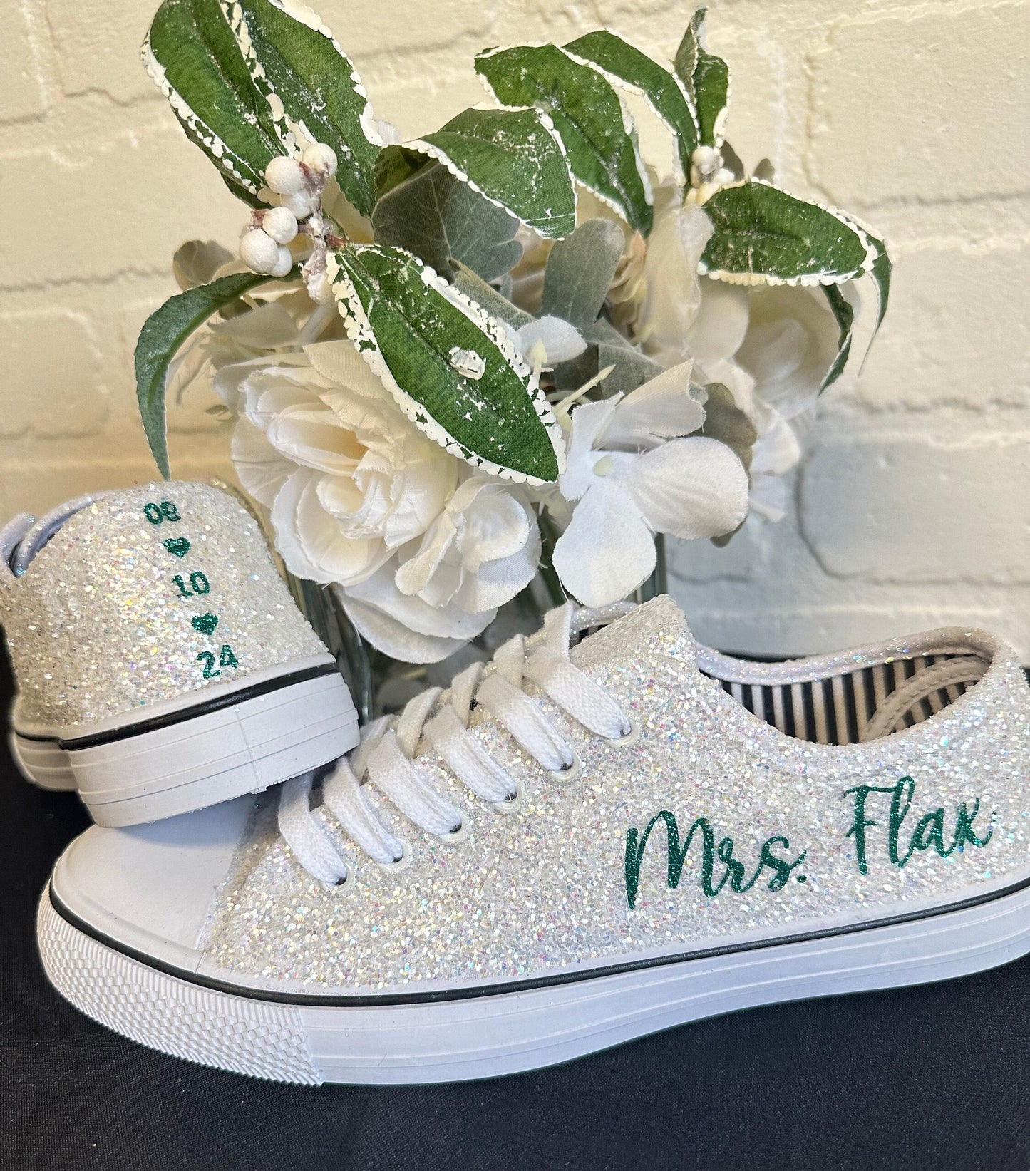 Personalized White Glitter Bride Sneakers with Emerald Green Writing