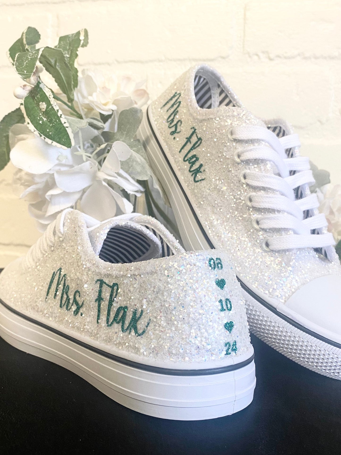 Personalized White Glitter Bride Sneakers with Emerald Green Writing