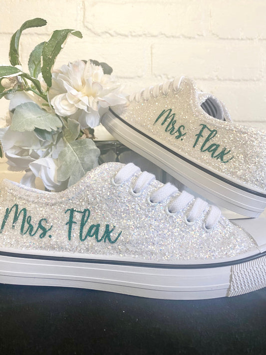 Personalized White Glitter Bride Sneakers with Emerald Green Writing