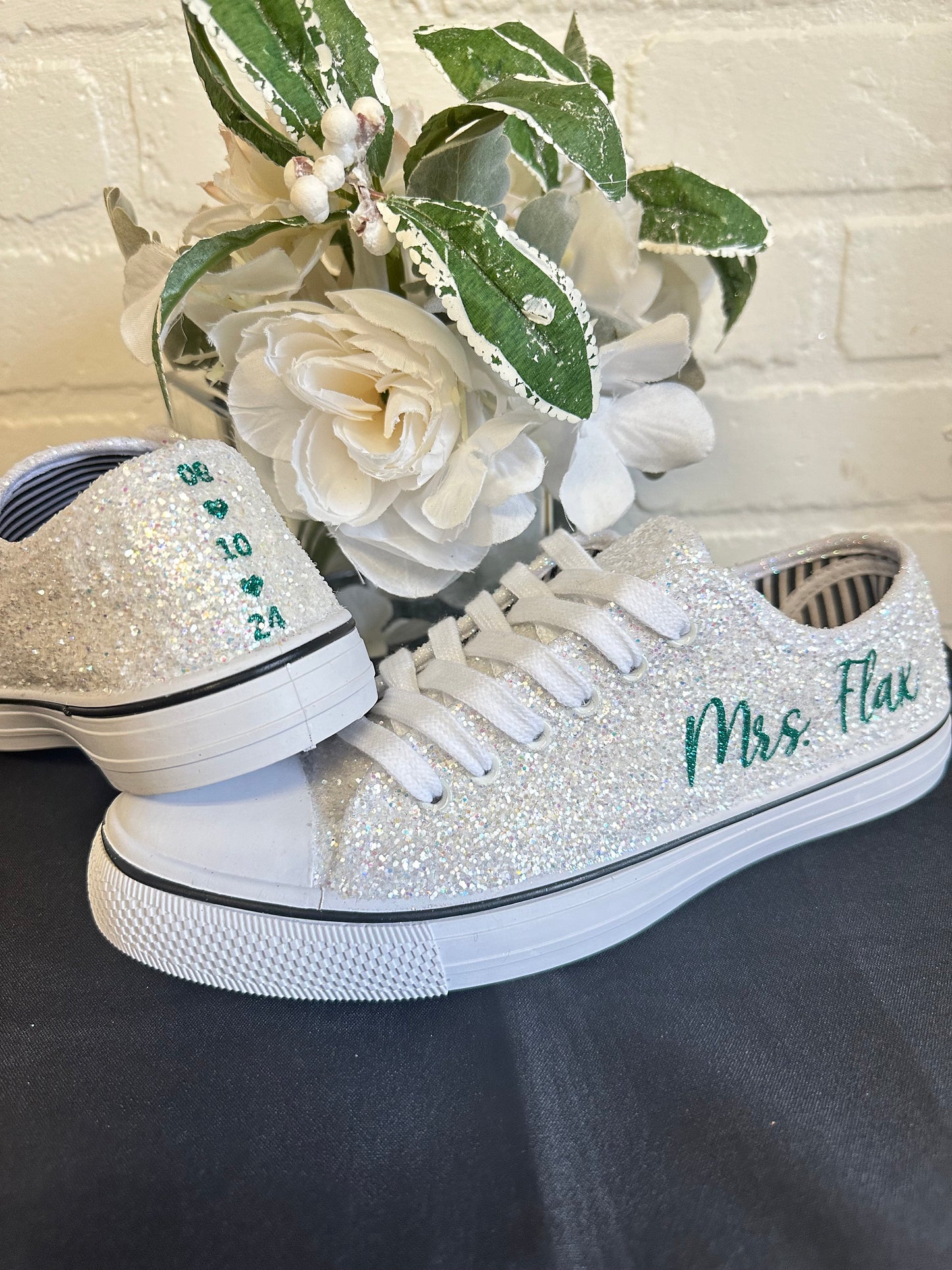 Personalized White Glitter Bride Sneakers with Emerald Green Writing