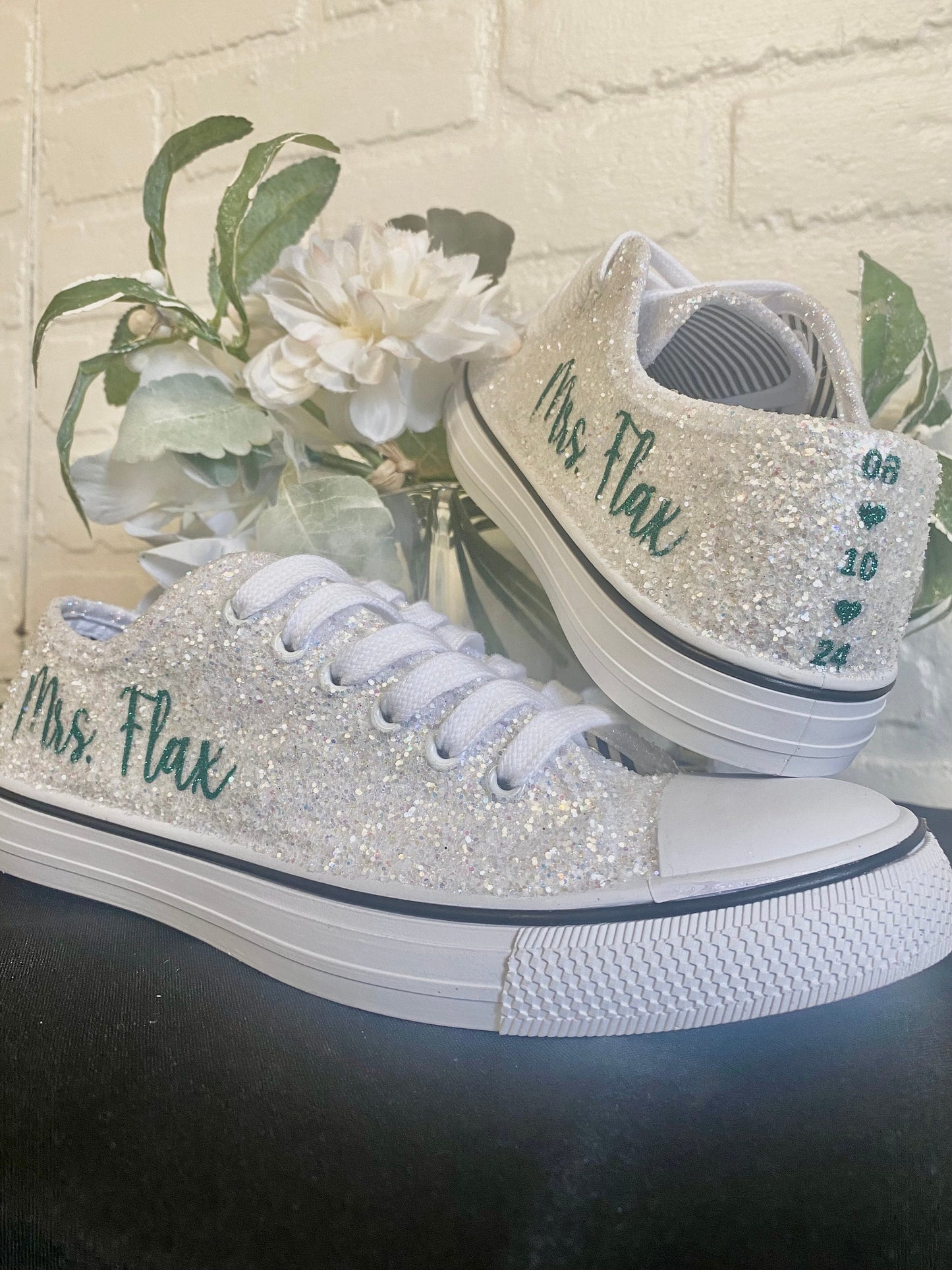 Personalized White Glitter Bride Sneakers with Emerald Green Writing