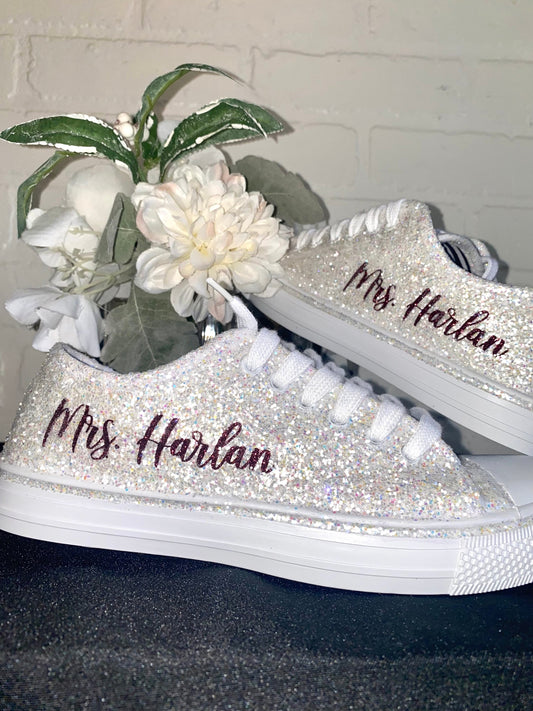 Personalized White Glitter Bride Sneakers with Burgundy Red Writing