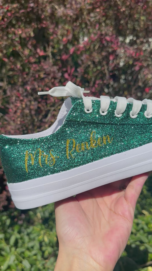 Hunter Green Glitter Wedding Sneakers with Gold Glitter Personalization